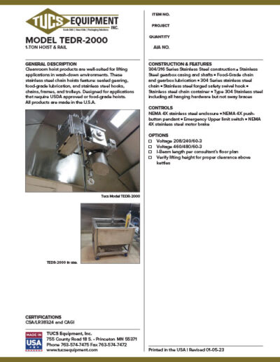 Tucs TEDR-2000 Hoist & Rail